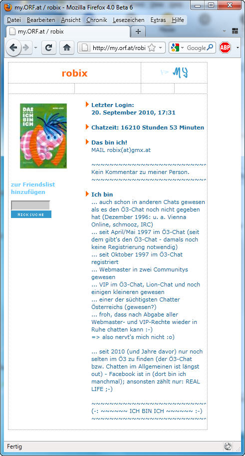 Visitenkarte (VK) der RobiX VK im Ö3-Chat Visitenkarte (VK) der RobiX VK im Ö3-Chat